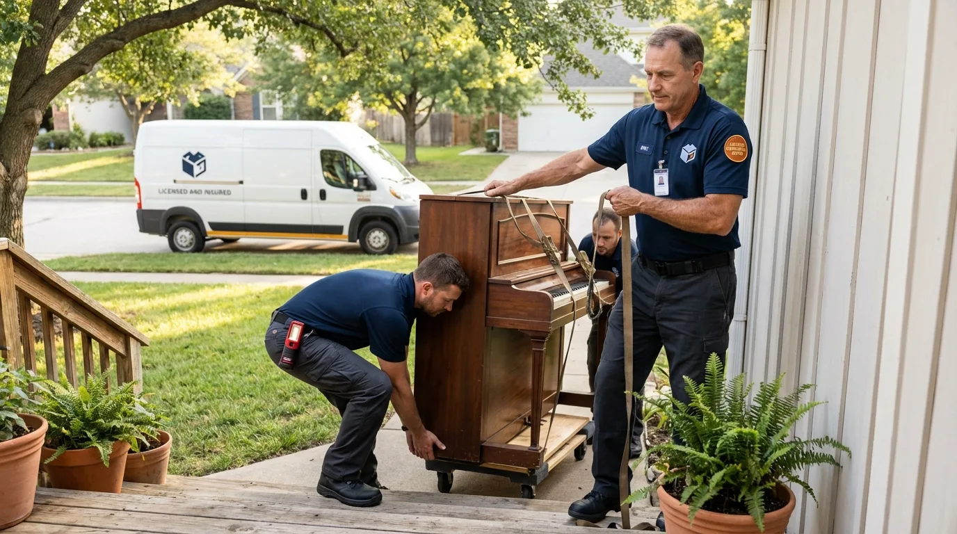 Licensed piano movers securing grand piano in Ebensburg, PA