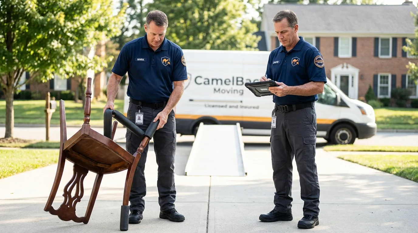 Movers inspecting furniture for damage prevention before loading in Ebensburg, PA