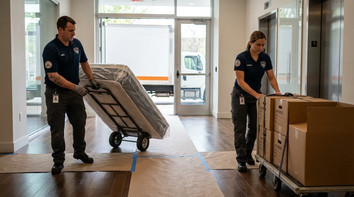 Professional apartment movers loading elevator in Ebensburg, PA
