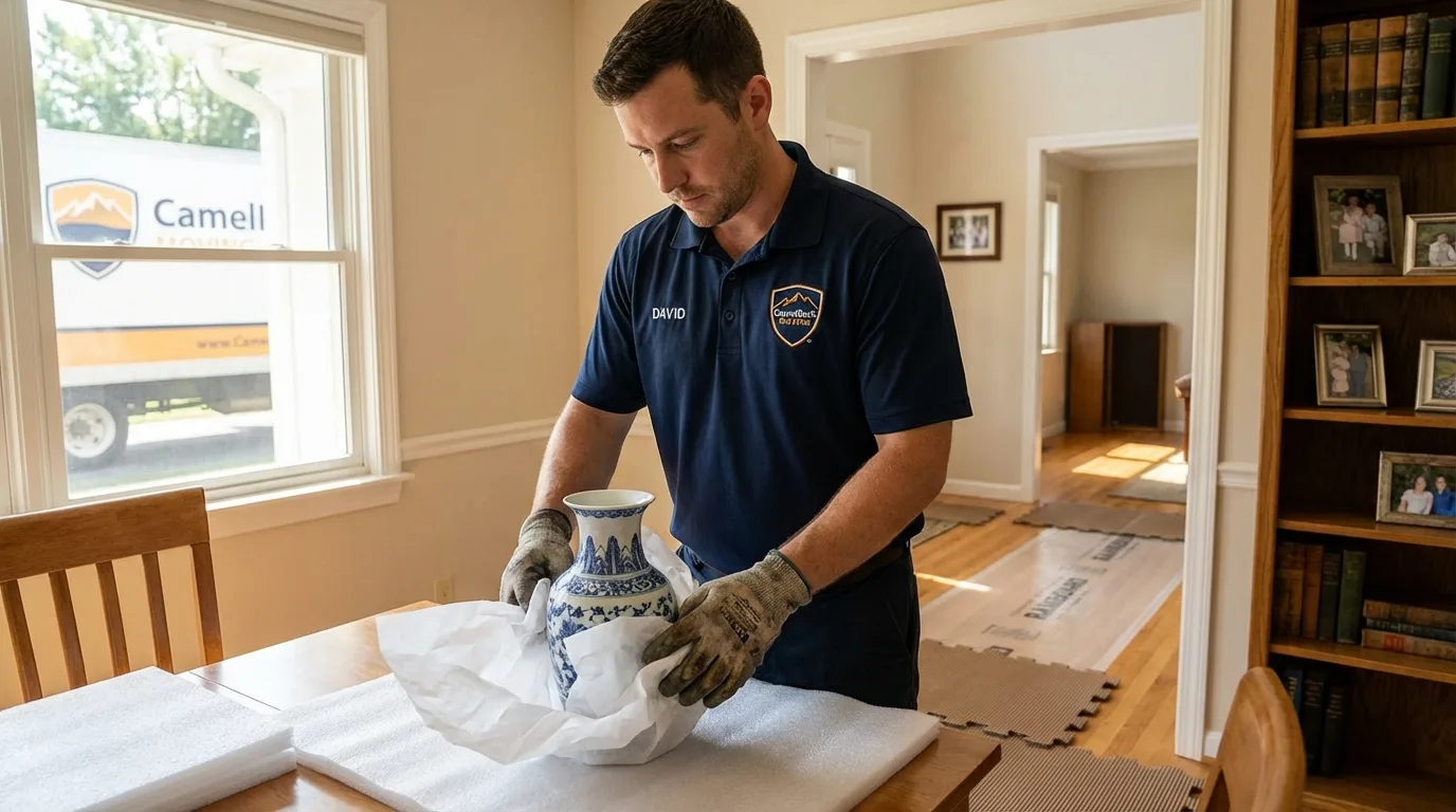Professional crew carefully wrapping antique vase for senior downsizing move in Ebensburg, PA